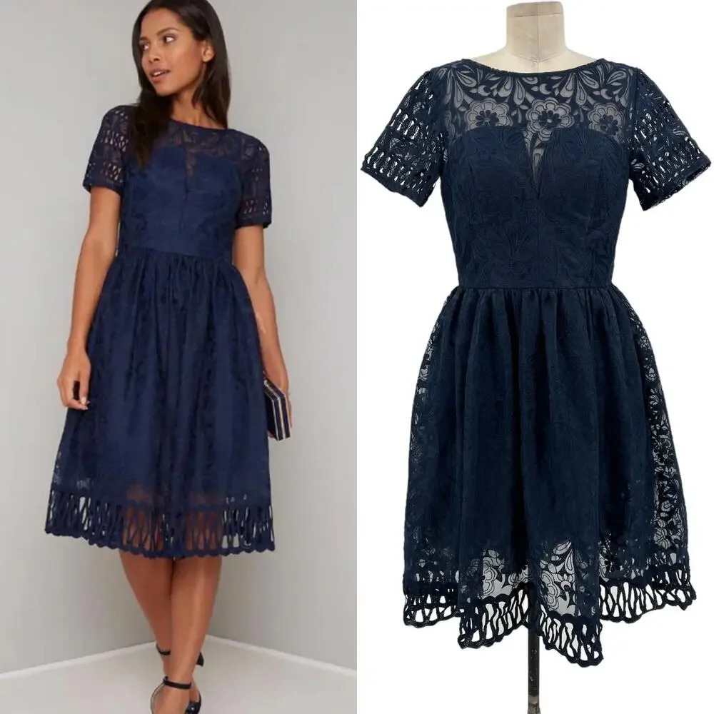 Chi Chi London‎ Sheridan Dress Navy Blue Embroidered Short Sleeve UK 12 US 8